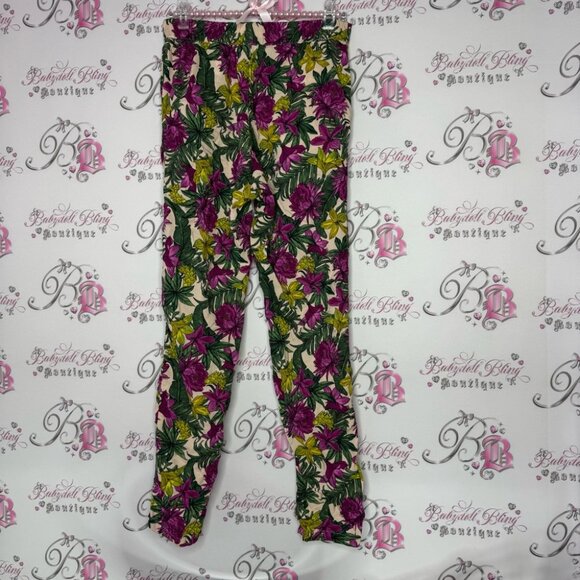 H&M pants floral tropical purple green cream leafs flowers comfy lightweight - Picture 3 of 9